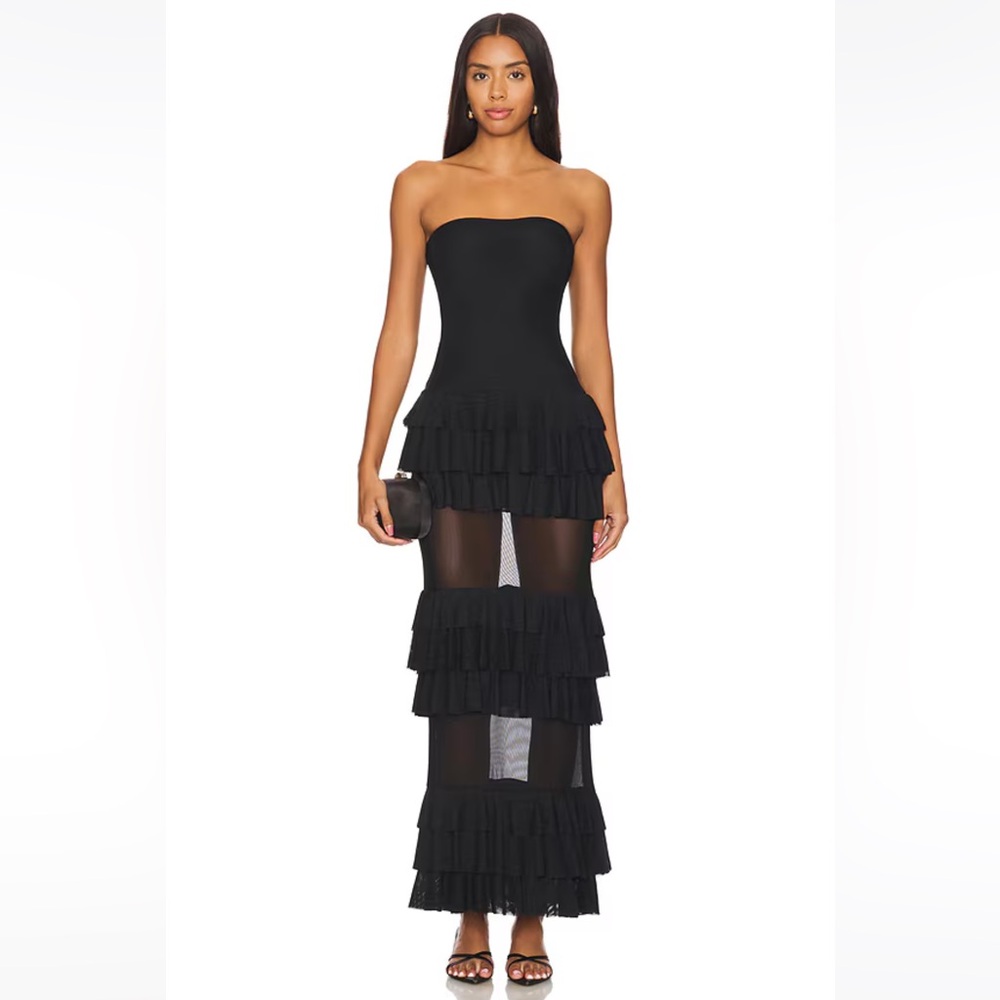 REVOLVE Strapless Black Ruffle Tiered Maxi Dress